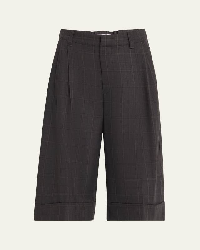 Windowpane Bermuda Pleated Wool Shorts